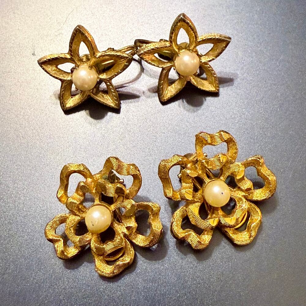 Pair of Vintage Gold Tone Faux Pearl BSK Clip On Earrings